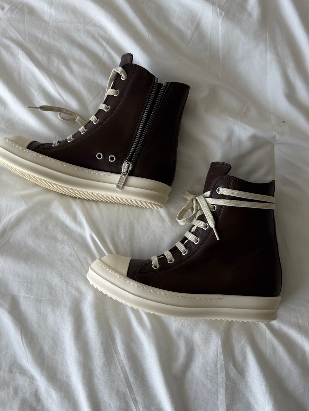 Rick Owens Dark Brown High-Top Sneakers with Cream Sole